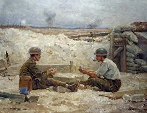 Images Dated 29th May 2007: Two English soldiers playing cards outside their dugout