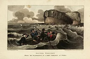 English tourists on a boat near the basalt pillars