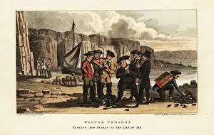 English tourists watch fishermen opening pearl oysters