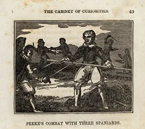 Henry Piercy Prints: Englishman dueling three Spanish swordsmen, 1625