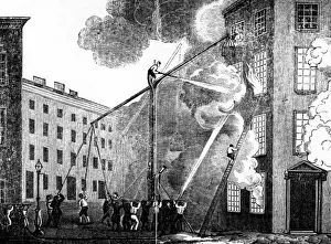 Escaping Prints: Engraving of firefighters in action at a burning building