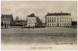 Entrance to the town of Ypres, Belgium, with the Hotel de France and Hotel des Brasseurs. Date: circa 1912