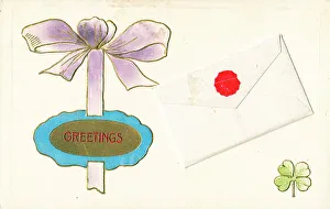 Envelope with red seal on a greetings postcard