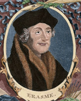 Desiderius Gallery: Erasmus of Rotterdam (1466-1536). Engraving. Colored