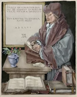 Erasmus of Rotterdam (1466-1536). Engraving by Durer. Colore