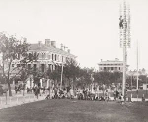 Erecting telegraph poles, the Bund, Shanghai, China