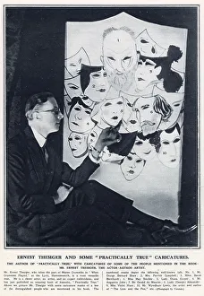 Ernest Thesiger (1879 - 1961), actor, author and artist, pictured by Madame Yevonde working on a number of caricatures of people who featured in his recently-written memoires, Practically True'. Date: 1927