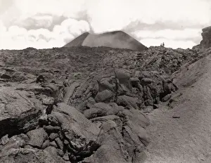 Eruption lava on slopes of volcano Mount Vesuvius, Italy