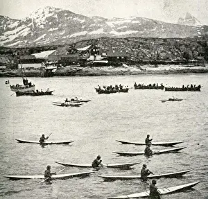 Eskimos rowing a boat, Greenland