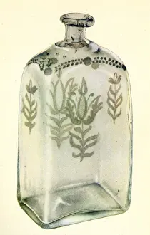 Etched Prints: Etched Stiegel-type American glass bottle