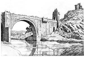 Strang Prints: Etching of a bridge in Alcantara, Extramedura, Spain. Date: circa 1926
