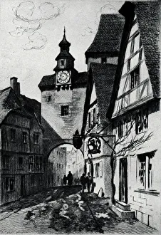 Hughes Prints: An etching of a busy town, Rothenburg