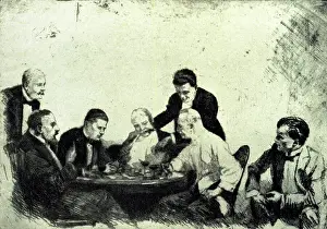 An etching depicting a heated game, being played by four gambling men, with three other onlookers. Date: circa 1923