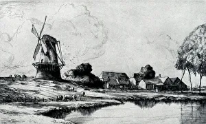 Drypoint Prints: Etching and drypoint combination of a large windmill