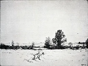 Holloway Prints: An etching of a flat landscape, with track marks in the foreground. Date: circa 1931