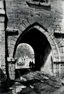 Etching of Rothenburg Gate in Dinklesbuhl, a historic town in central Franconia, Germany. Date: circa 1930