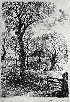 An etching of a shabby countryside, with tall trees and hedges. Two men and a horse can be seen in the distant clearing. Date: circa 1931