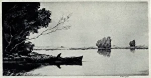 Sleepy Prints: An etching showing the dark shape of a small ferry boat