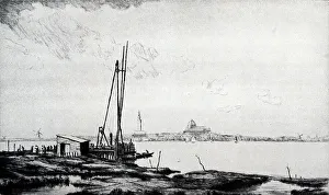Etching showing a jetty under construction in foreground, town and churches across water. Date: circa 1931