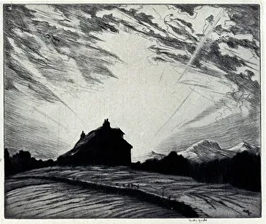 This etching shows a silhouetted form of a house, cast by a glorious sunset on a large Scottish hill. Date: circa 1925