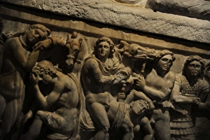 Etruria Gallery: Etruscan. Cineray urns on podium. Chamber tomb of the Pruni