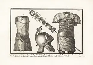 Bas Relief Prints: Etruscan cuirass, Roman charioteer armour, helmet, etc