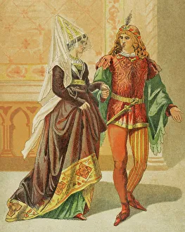 Fourteenth Prints: Europe. 14th century. Lady and minstrel. Chromolithography