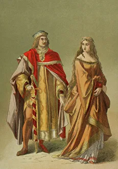 Historia Prints: Europe. Middle Ages. 14th century. Lady and nobleman