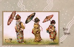 Kimonos Prints: Three European Children dressed as Japanese (and a pug dog)