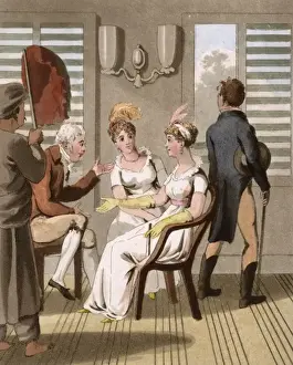 Chats Prints: European lady attended by a servant using a hand punkah