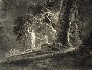 Eve gives Adam the forbidden fruit. Paradise Lost by John Mi