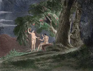 Milton Prints: Eve gives Adam the forbidden fruit. Paradise Lost by John Mi