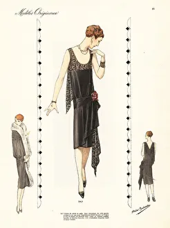 Haute Couture Prints: Evening dress of black satin, rose on the hip, with matching bla