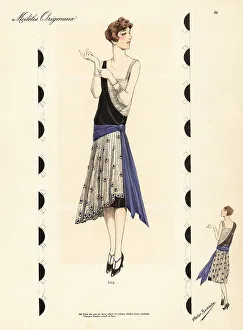 Evening dress of ribbed silver lame with velvet panels
