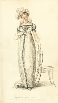 Notorious Prints: Evening dress in white satin trimmed with blue velvet, 1809