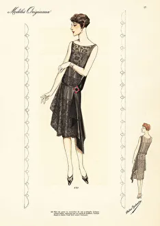 Fashion Magazine Prints: Evening gown of black chiffon and lace