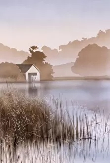 Airbrush Gallery: Evening lakeside scene with reeds