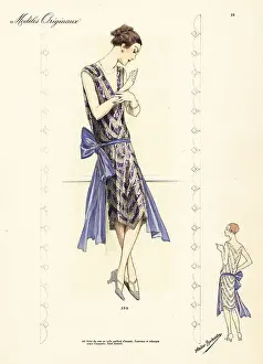 Evening robe in net embroidered with coloured beads and silver s