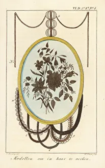Furnishing Prints: Examples of decorative chains made of human hair around an embro