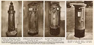 Four examples of pillar boxes (or post boxes): a fluted example with a dome and crown, erected in Birmingham in 1856, another on featuring elaborate ornamentation from 1856 incorporating national emblems