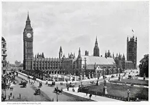 Exterior of Houses of Parliament and Westminster Hall and Parliament Square Gardens. Date: 1900s