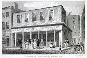 Exterior of Olympic Theatre, located junction of Drury Lane, Wych Street, London, specialised in comedies. Date: 1831