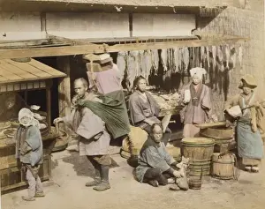 Shamisen Prints: Exterior view of fish market with several people, shoppers a