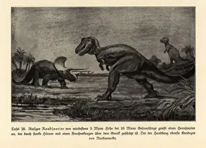 Fern Prints: Extinct giant predatory dinosaur attacking a horned dinosaur