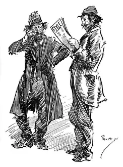 Two extremely ragged men reading a smart fashion magazine