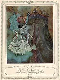 She found herself face to face with a stately and beautiful lady. Scene from Beauty and the Beast illustrated by Edmund Dulac. Date: 1911
