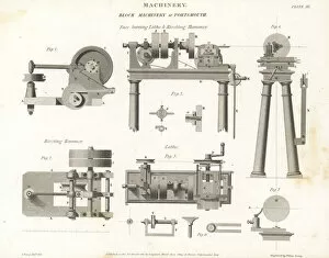 Sciences Collection: Face-turning lathe and riveting hammer, 18th century