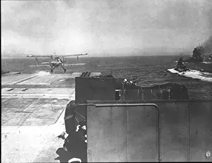 A Fairey Swordfish takes off from HMS Ark Royal