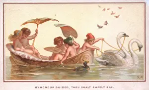Ducks Prints: Fairies in a boat drawn by swans on a greetings card