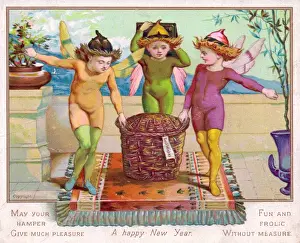 Elves Prints: Fairies carrying a hamper on a New Year card
